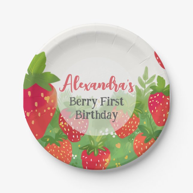 Berry First Birthday Girls Strawberry Personalisie Pappteller (Vorderseite)