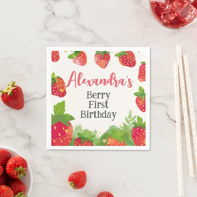 Berry First Birthday Girls Strawberry Personalisie Serviette (Beispiel)