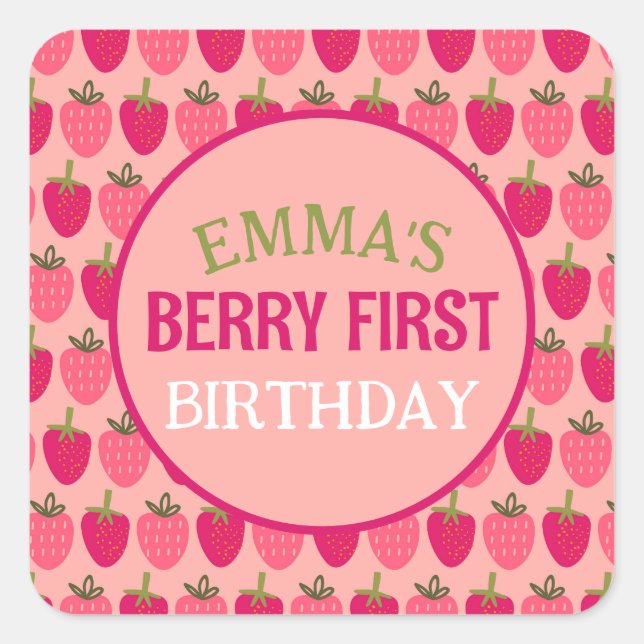 Berry First Birthday Individuelle Name Quadratischer Aufkleber (Vorderseite)