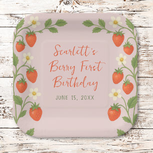 Berry First Birthday Niedlich Strawberry Floral Pi Pappteller