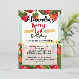 Berry First Birthday Party Girls Strawberry 1. Einladung