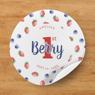 Berry First Birthday Party Strawberry & Blueberry Runder Aufkleber