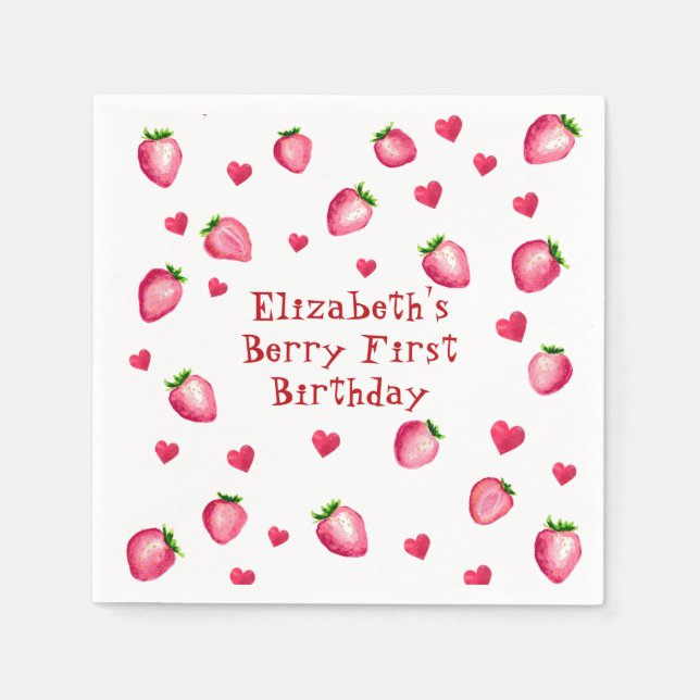 Berry First Birthday Party Strawberry Hearts Serviette (Vorderseite)