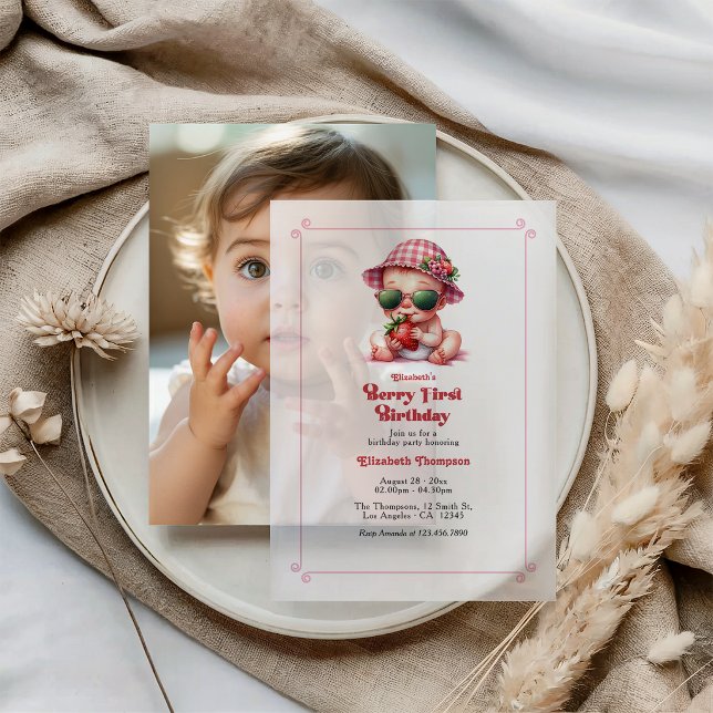Berry First Birthday Pink Gingham Strawberry (Berry First Birthday Pink Gingham Strawberry Vellum Invitations)