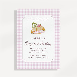 Berry First Birthday Pink Gingham Strawberry Einladung