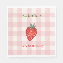 Berry First Birthday Pink & Kariertes Party Napkin