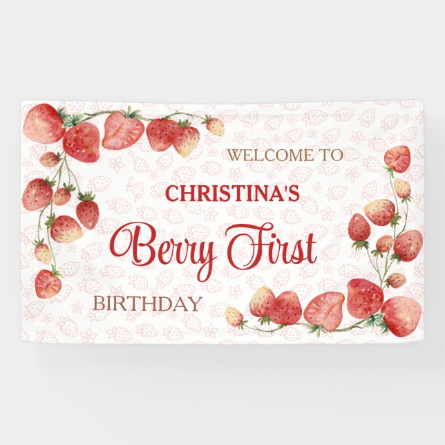 Berry first birthday pink strawberry cute girl  banner (Horizontal)
