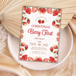 Berry first birthday pink strawberry cute girl einladung
