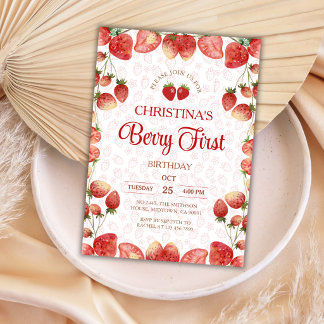 Berry first birthday pink strawberry cute girl einladung