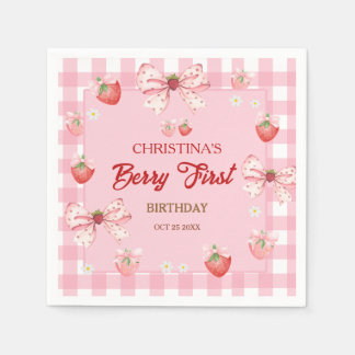 Berry first birthday pink strawberry gingham girl serviette