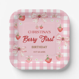 Berry first birthday pink strawberry gingham pappteller