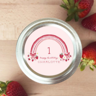 Berry First Birthday Rainbow Strawberry Bows Runder Aufkleber