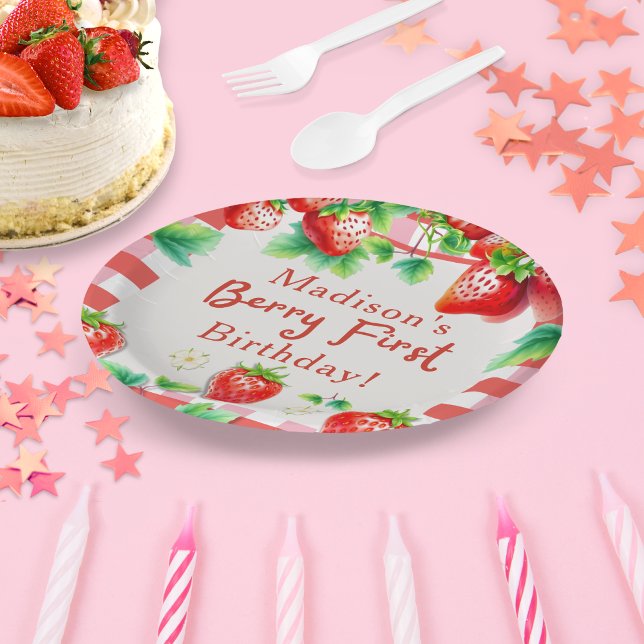 Berry First Birthday - Strawberry 1. Girl-Party Pappteller (Sweeten your celebration with this adorable “Berry First Birthday” party plate!)