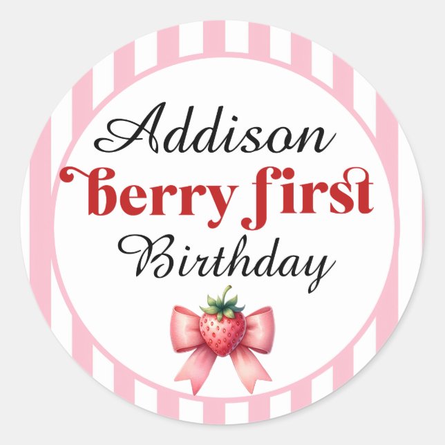 Berry First Birthday Strawberry and bow Runder Aufkleber (Vorderseite)