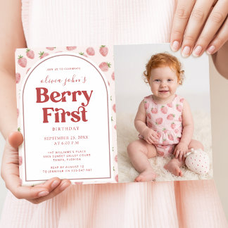 Berry First Birthday Strawberry Baby Girl Photo Einladung