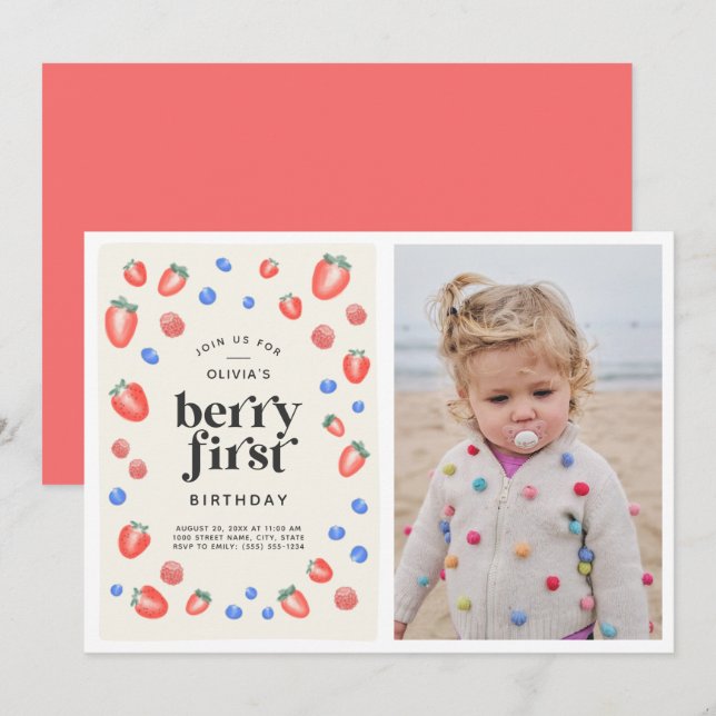 Berry First Birthday Strawberry Birthday Invitati Einladung (Vorne/Hinten)