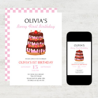 Berry First Birthday Strawberry Cake Birthday Einladung