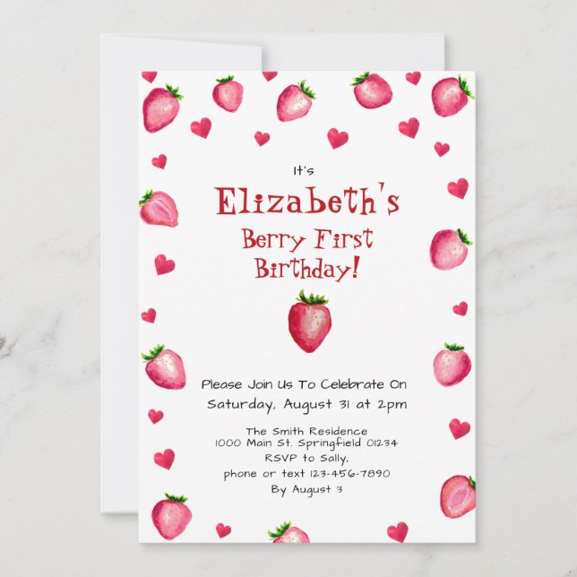 Berry First Birthday Strawberry Custom Foto 1. Einladung (Vorderseite)