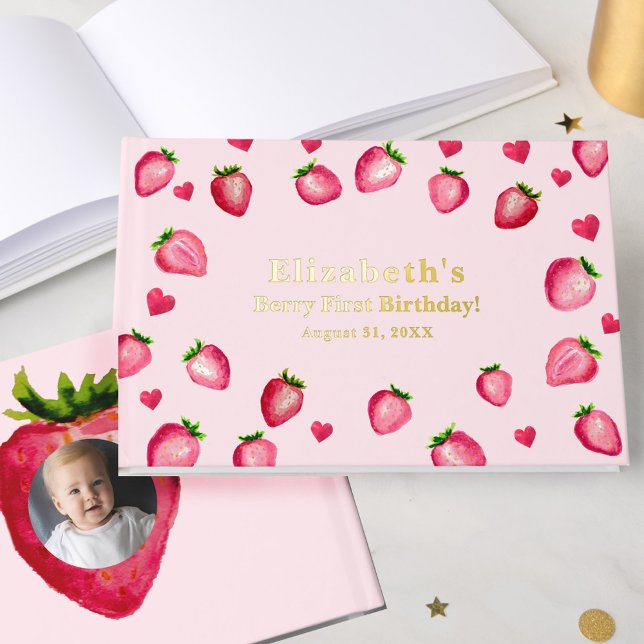 Berry First Birthday Strawberry Custom Photo Gold Gästebuch (Von Creator hochgeladen)