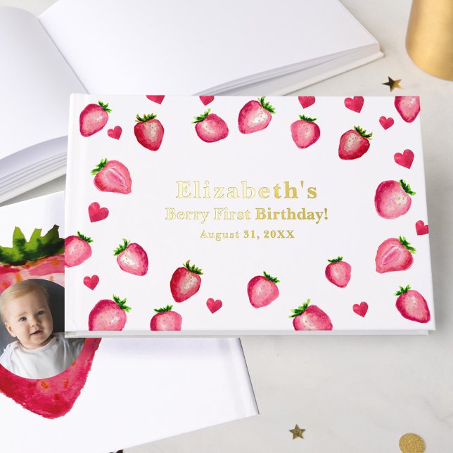 Berry First Birthday Strawberry Custom Photo Gold Gästebuch (Von Creator hochgeladen)
