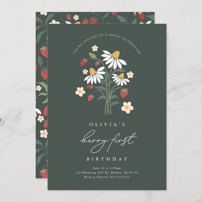 Berry First Birthday Strawberry Einladung (Vorne/Hinten)
