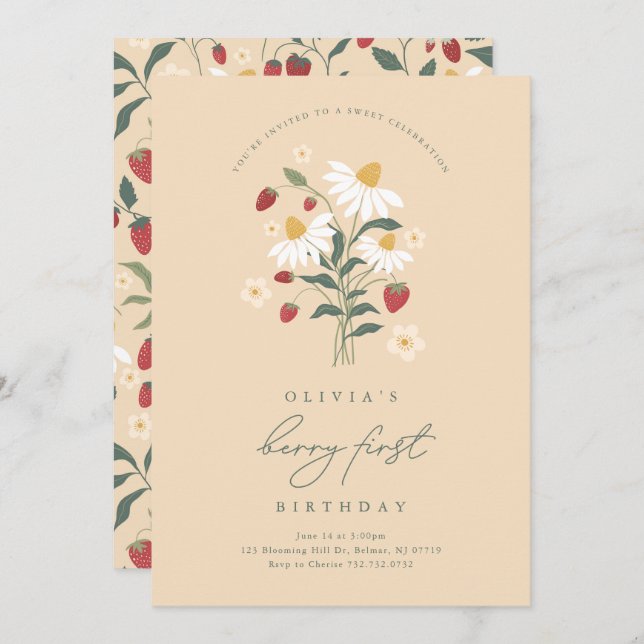 Berry First Birthday Strawberry Einladung (Vorne/Hinten)