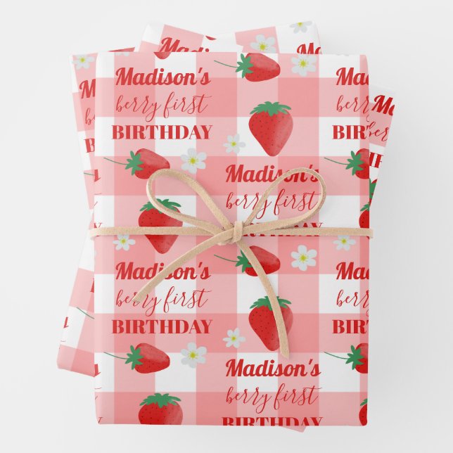 Berry First Birthday Strawberry Erster Name Geschenkpapier Set (Beispiel)