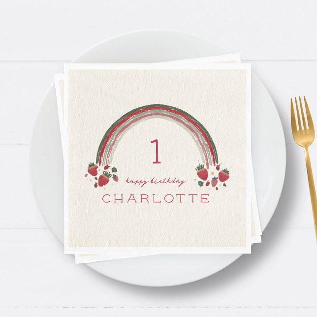 Berry First Birthday Strawberry Floral Rainbow Serviette (Von Creator hochgeladen)