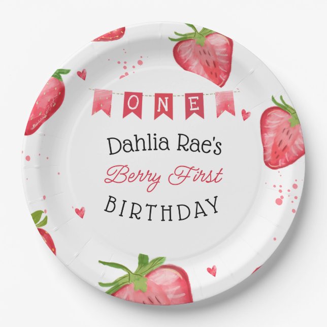 Berry First Birthday Strawberry Pappteller (Vorderseite)