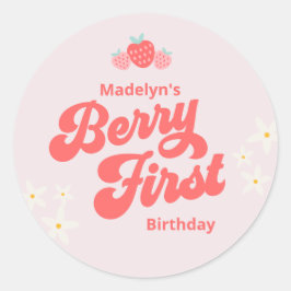Berry First Birthday Strawberry Pink Classic Round Runder Aufkleber