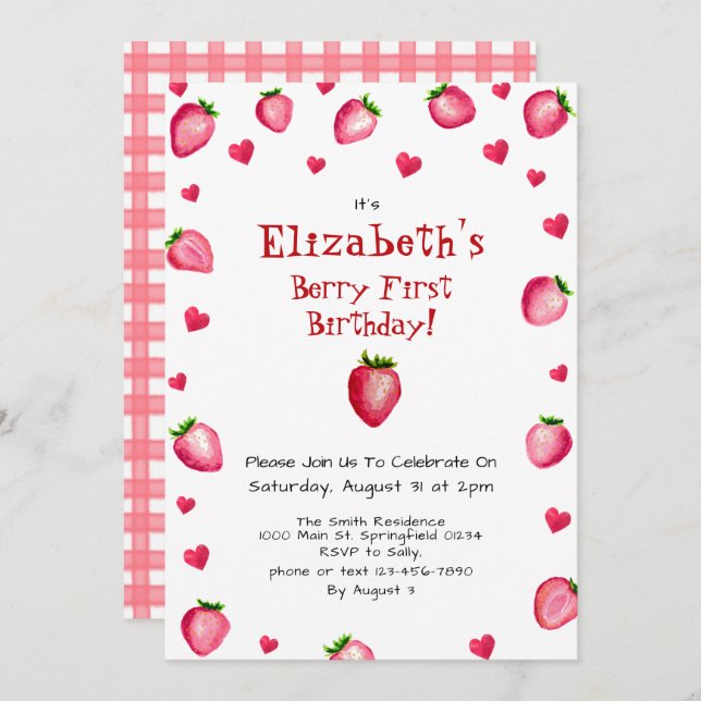 Berry First Birthday Strawberry Summer Gingham 1. Einladung (Vorne/Hinten)