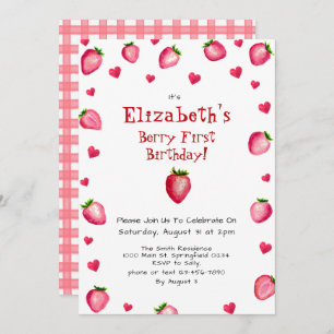 Berry First Birthday Strawberry Summer Gingham 1. Einladung