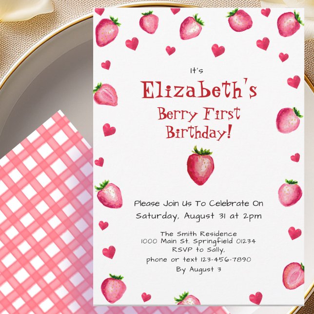 Berry First Birthday Strawberry Summer Gingham 1. Einladung (Von Creator hochgeladen)