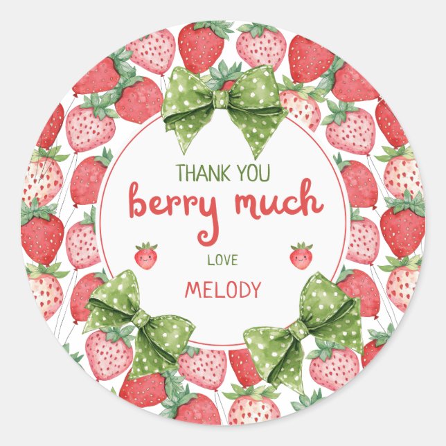 Berry First Birthday Strawberry Thank You Runder Aufkleber (Vorderseite)