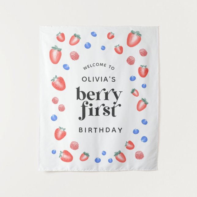 Berry First Birthday Strawberry Willkommen Wandteppich (Vorderseite)