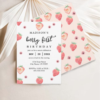 Berry First Birthday Stylish Pink Strawberry Einladung