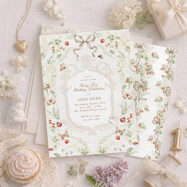 Berry First Birthday Vintage Floral Einladung (Von Creator hochgeladen)