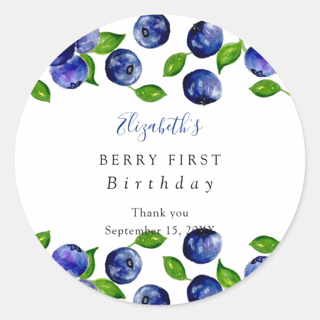 Berry First Birthday Watercolor Blueberry Niedlich Runder Aufkleber (Vorderseite)