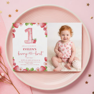 Berry First Birthday Watercolor Fruit Baby Photo Einladung