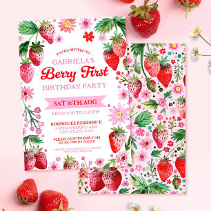Berry First Birthday Watercolor Strawberries Einladung