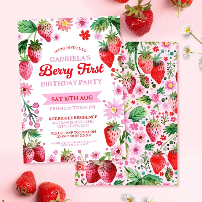Berry First Birthday Watercolor Strawberries Einladung (Berry First Birthday Watercolor Strawberries Invitation)