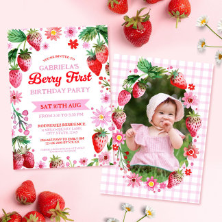 Berry First Birthday Watercolor Strawberries Foto Einladung