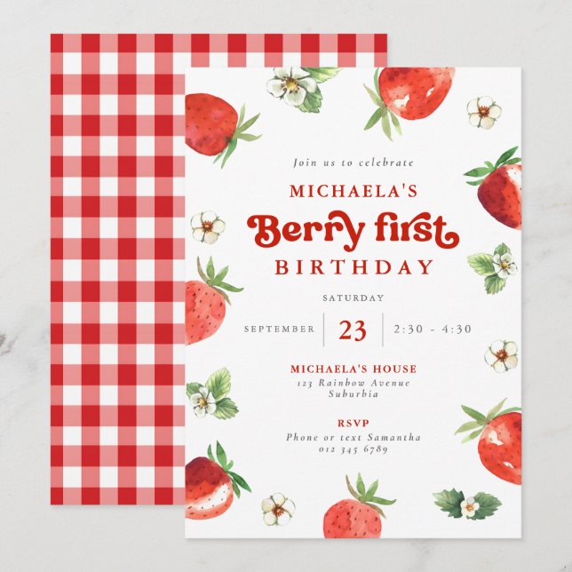 Berry First Birthday Watercolor Strawberry Gingham Einladung (Vorne/Hinten)