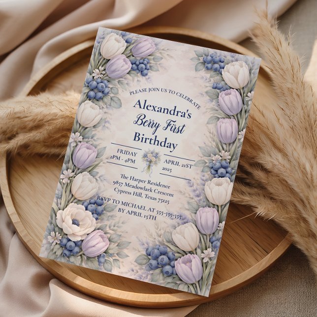 Berry First Blue Floral Garden 1st Birthday Einladung (Von Creator hochgeladen)