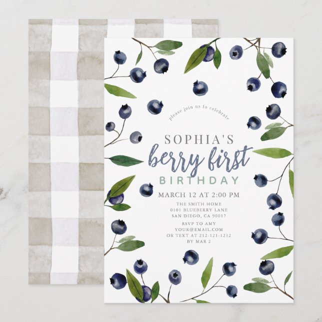 Berry First Blueberry Greenery 1st Birthday Einladung (Vorne/Hinten)