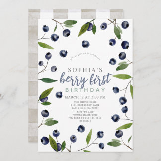 Berry First Blueberry Greenery 1st Birthday Einladung