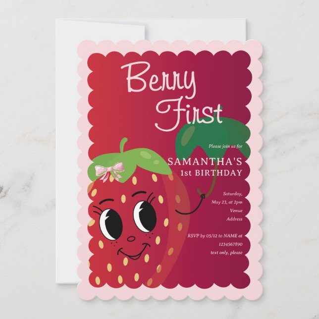 Berry First Cartoon Strawberry Girl 1. Geburtstag Einladung (Vorderseite)