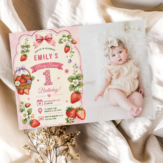 Berry First Cute 1. Geburtstag Erdbeere Foto Einladung