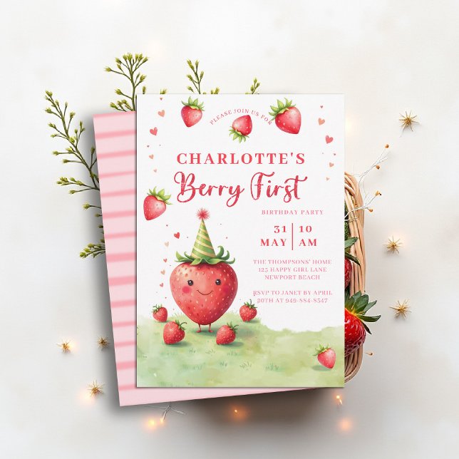Berry First Cute Strawberry Patch 1st Birthday Einladung (berry first birthday party invitation girls cute strawberry 1st watercolor summer farmhouse cottage )