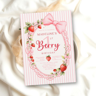 Berry First Erdbeer-Streifen-Spitze 1. Geburtstag Einladung